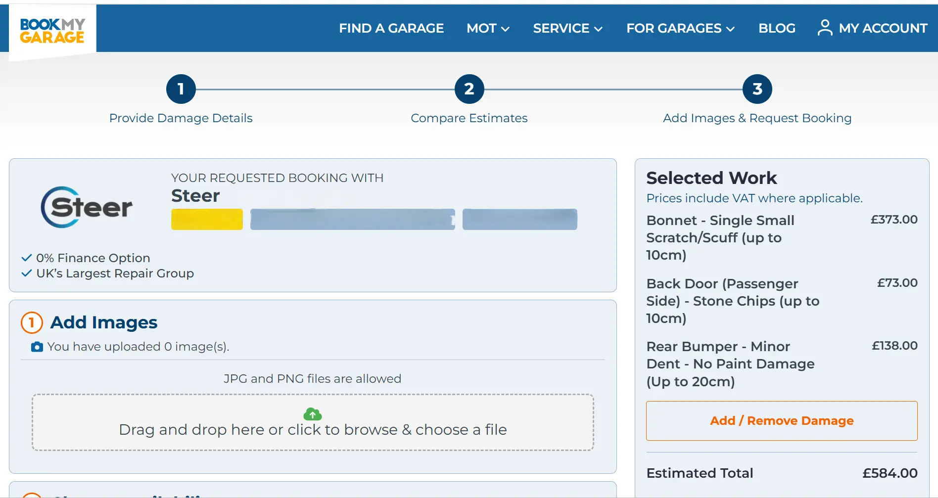 BookMyGarage checkout page showing a driver completing the booking process for their SMART repair